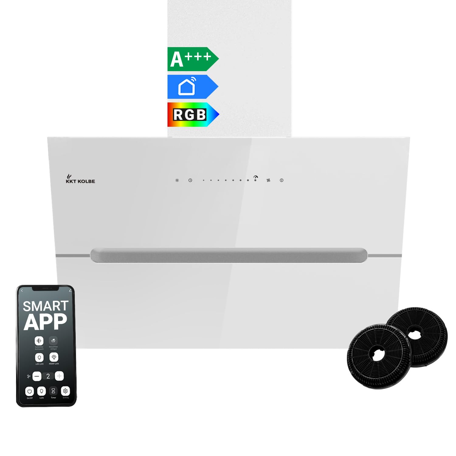 KKT KOLBE Dunstabzugshaube 60 cm 782 cbm/h Umluft Abluft Kopffrei Wandhaube Weiß Glas Smart WiFi WLAN RGBW-LED ECCO6005WM