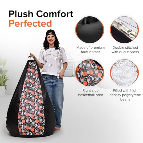 Image of Amazon Brand - Solimo Premium Faux Leather Bean Bag Combo with Footrest & Cushion, Filled with Beans | Capacity: Upto 6 Ft 3 in Height, 120 KG Weight | 3XL | Basketball Time | Black