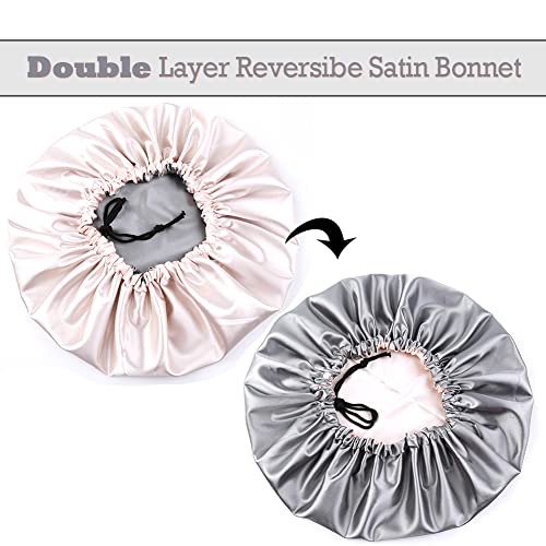 Image of Extra Large Adjustable Double Layer Satin Hair Bonnets with Drawstring for Women Night Sleeping Long Silky Satin