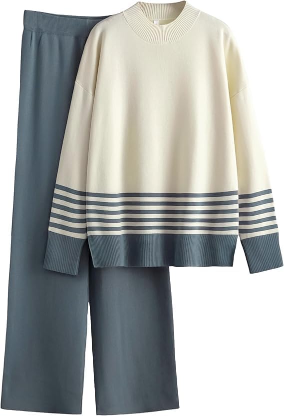 Image of Kvetoo Women Winter Coord Set Wool Blend Tracksuit High Neck Sweater and Wide Leg Pants Warm Knitwear Pyjama Set for Casual Office Travel Wear