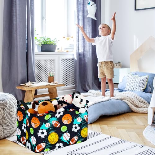 Image of Kid Clothes Storage Basket Gift Shelf Basket Toy Storage Bin, Nursery Basket Organizer Box for With Handles for Room Deco Football Basketball Pattern