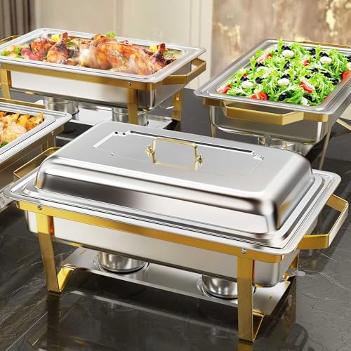 OneBlis 9.5QT Chafing Dishes, 4 Pack Golden High Premium Stainless Steel Complete Set, Rectangular Chafing Dish Buffet Set, Heating&Cooling Chafing Dish for Gatherings Banquet, Buffet, Party, Wedding