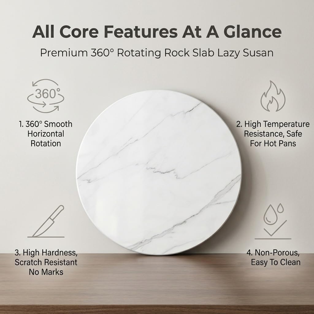 Sintered Stone Lazy Susan for Table Top, 360° Silent Spinner Turntable Dining Table, Marble Pattern Rotating Serving Tray for Family Gatherings