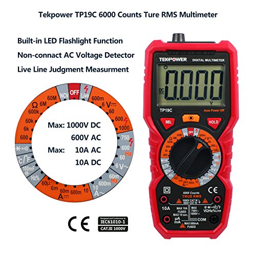 Tekpower Tp19C General Purpose Manual-Ranging True Rms Ac/Dc 10A Digital Multimeter With Non-Contact Voltage Detector (Ncv), Live Wire Tester & Flashlight #TOP6