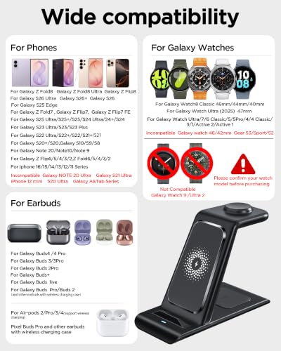 Image of Wireless Charging Station for Samsung Galaxy Watch 8 /7 /6 /5 /4 /3,S26 Ultra | Wireless Charger Samsung Phone Stand for Galaxy S25 /S24 /S23 /S22 /Note,Buds4 /4 Pro /3 /2 Pro /Live Multiple Devices Not for Watch9