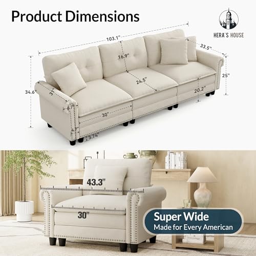 Image of HERA'S HOUSE 103.1 inch Modular Sectional Couch for Living Room Deep Seats | Mid-Century Modern 3-Seater Cloud Sofa, Beige, Rolled Arms & Nailhead Trim, Wider & Deeper Seats, Soft Linen