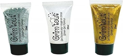GRIM'TOUT Set of 3 Glitter Gel Tubes – Gold, Silver, Crystal 25 ml – Children's Water Make-Up – Paraben Free – Easy to Apply and Clean – Creative Hobbies Carnival Parties