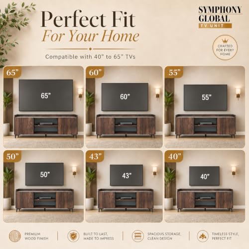 Image of Studio Kook Symphony Global 150 cm TV Unit, Junglewood with Marble Top | 150 cm engineered wood TV cabinet for 40-65 inch TVs, with two side cabinets, open shelves and a 70 kg tabletop capacity.