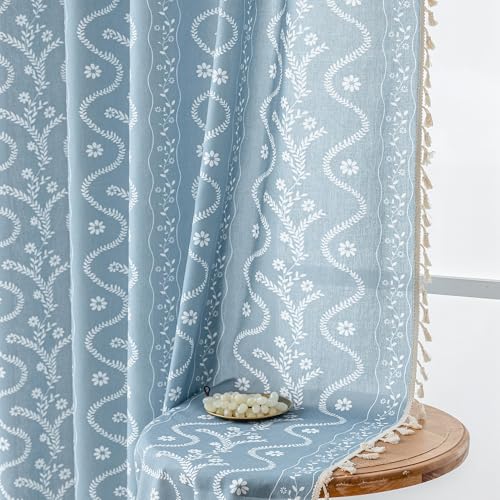 Image of Boho Curtains 84 Inch Long for Living Room, Bedroom, 2 Panels Floral Farmhouse Vintage Tassel Semi Sheer Light Filtering Privacy Window Curtain Drapes with Rod Pocket,Dusty Blue