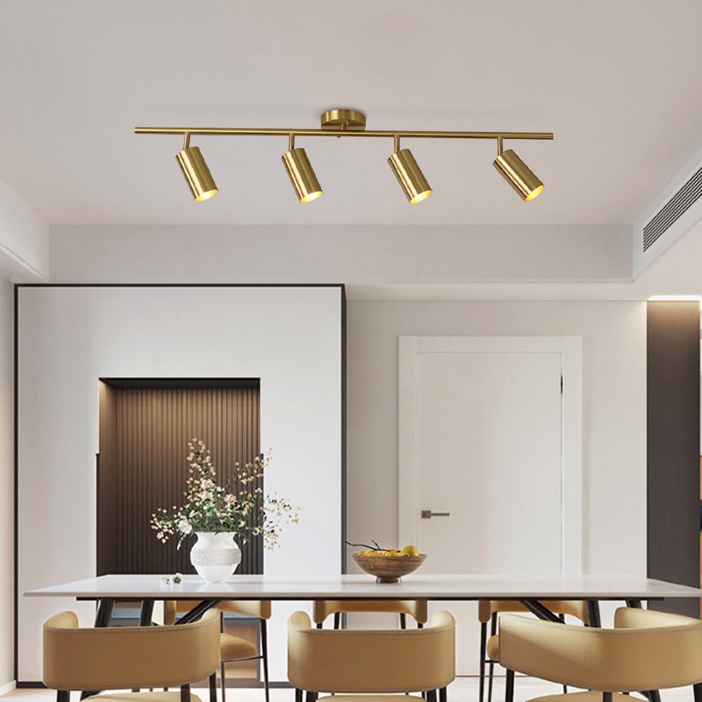 Kit di Illuminazione A Binario Fisso con Faretti Dorati da Soffitto, Faretti Direzionali Gu10 Regolabili, Lampade D'Accento per Cucina, Soggiorno, Camera da Letto, Specch,4light
