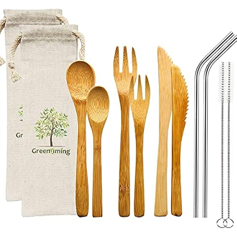 Natural Bamboo Travel Cutlery Set, 2 Pack Family Use To Go Utensils Set, 7.5 inch Reusable Wooden Spoon Fork Knife with Metal Straw, Washable Biodegradable Cutlery Set for Work, School Cover