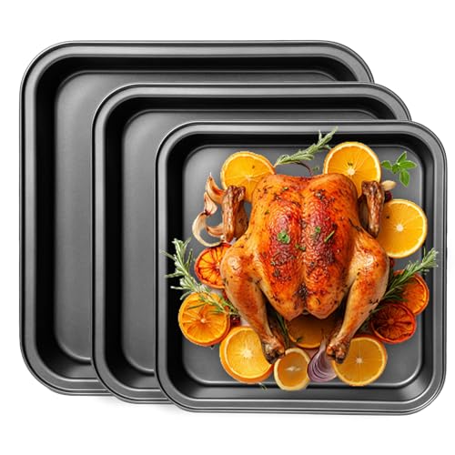 Pilikoll 3 Pièces Plats à Gratin Carrés avec Revêtement Antiadhésif Noir Plat Four en Acier Inoxydable Moule à Gâteau Carré pour Gâteaux, Brownies,...