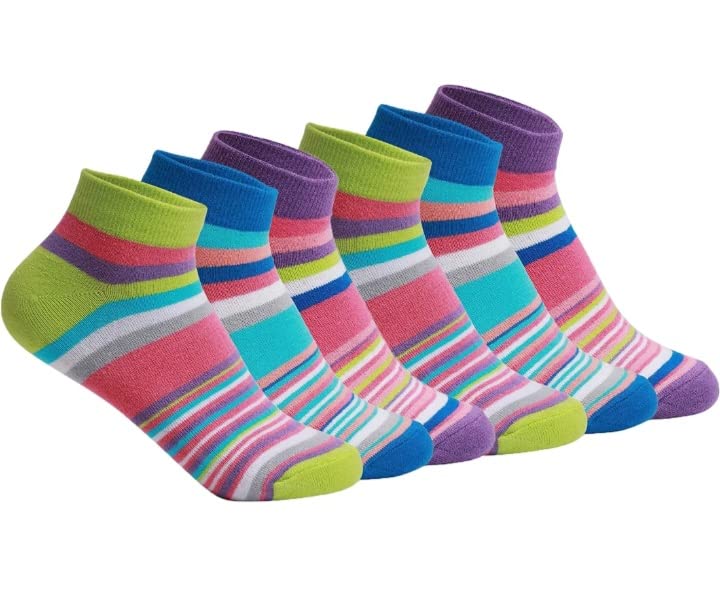 Women’s Cotton Ankle Length No Show Low Cut Socks Multi Color Striped Jun Li Free Size 6 Pairs