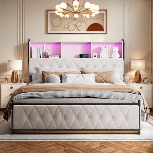 Bett mit Schublade, 180 x 200 cm, Doppelbett, gepolstert, mit 4 Schubladen, Bett, Truhe mit LED und USB-Aufladung, Bettgestell mit Kopfteil für Erwachsene Jugendliche, Samt, Beige – Bild 7