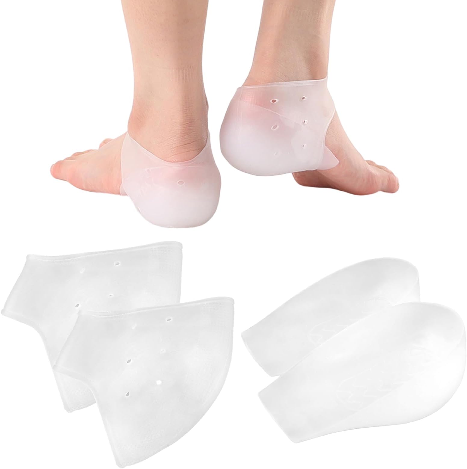 4 Piece Silicone Heel Protector, Invisible Height Increase 2 cm Heel Protection, Transparent and Breathable Silicone Heel Sleeves to Relieve Fatigue and Heel Pain