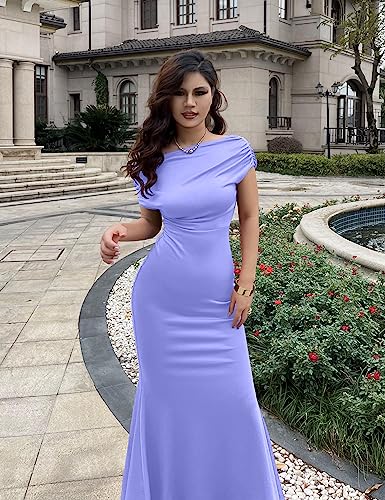 Image of YMDUCH Women's Sleeveless Off Shoulder Long Formal Party Dress | Backless,Stretch,Fitted,Mermaid,One Shoulder,Bodycon,Elegant,Slim,Formal,Solid,Evening,Wedding Guest,Bridesmaid,Maxi