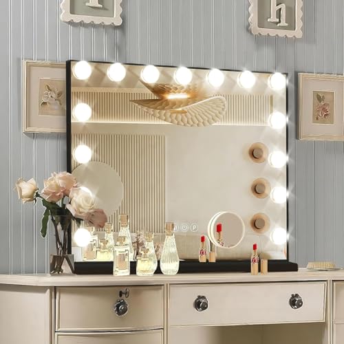 Ratsamee Black Hollywood Vanity Mirror with Lights 15 Dimmable Bulbs 3 Color Lights Make Up Lighted Mirror Aluminum Metal Frame USB Charging Port23 x 18