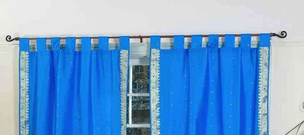 Handcrafted Blue Indian Sari Curtains, Tiebacks Included Lined Tab Top Sari Sheer Curtains, 43"W x 24"L, Privacy & Insulation for Living Rooms, Bedrooms, and Dining Rooms, Sold in Pairs