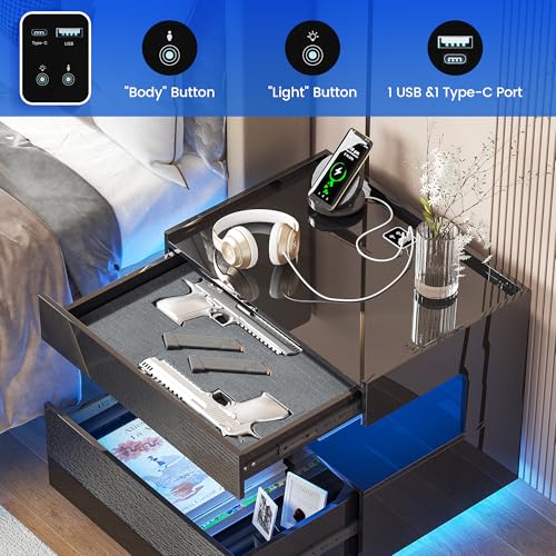 Image of HNEBC High‑Gloss LED Nightstand Set of 2 for Bedroom | Motion‑Sensor 3‑Color Lighting, Hidden Storage Compartment, Gun Drawers, USB, Type‑C & Wireless Charging Station-Black Night Stand Set 2