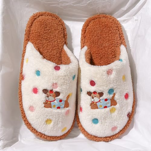 Women's Closed-Toe Plush Slippers - Cute Polka Dot & Puppy Embroidery, Memory Foam, Non-Slip Rubber Sole, Winter Home Use4