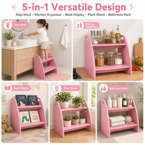 Image of Bamboo 2 Step Stool 300lbs Capacity, Wooden Two Step Stool with Non-Slip Handles, Heavy Duty Stepping Stool for Bedside High Beds Adults, Sturdy Small Bathroom Kitchen Pink Step Stool