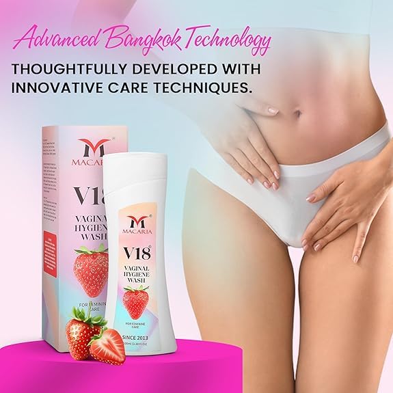 Image of V18 Vaginal Hygiene Wash for Women - Feminine Intimate Care with Strawberry Scent - Lactic Acid, Odor Control, & pH Balance - Gentle Daily Wash for Vagina, Genital Dryness, & Itching Relief