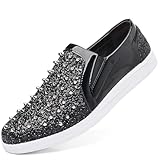 Trsorini Men's Glitter Spikes Loafers Sparkly Shiny Light-up Shoes Metal Rivet Soft Sneakers Male Shoes Black 12