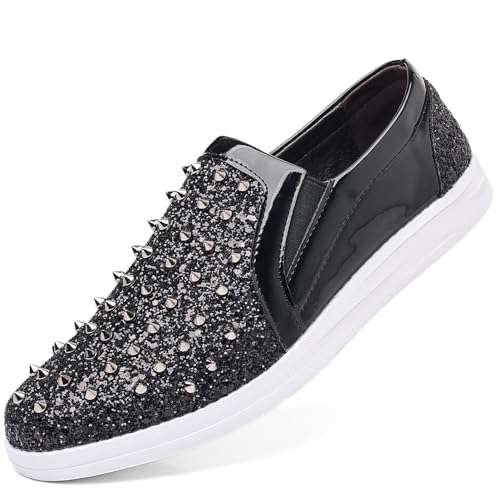 Trsorini Men's Glitter Spikes Loafers Sparkly Shiny Light-up Shoes Metal Rivet Soft Sneakers Male Shoes Black 10.5