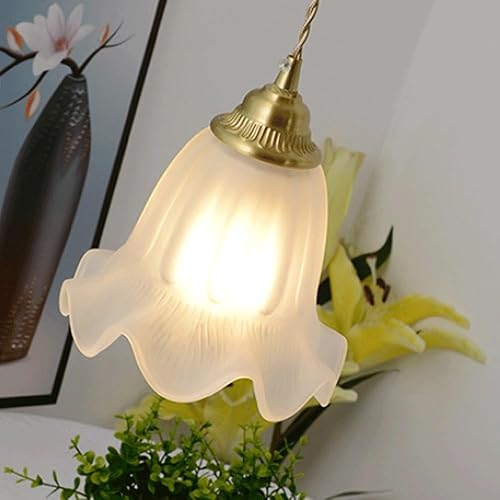 Miniatura 5 de Lámpara colgante con forma de flor retro nórdica, moderna lámpara colgante colgante de cúpula dorada con pantalla de vidrio esmerilado, cable