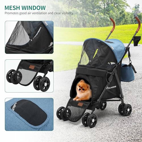 YITAHOME Hundewagen bis 11.3 kg, Tragbarer Hundebuggy, Faltbar klappbar, Haustiere Buggy mit Netzfenstern, Jogger Katzenbuggy für Hunde Katzen, Haustier-Kinderwagen (Blau Schwarz)