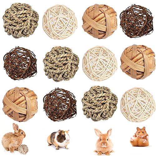 12 peças brinquedos para mastigar coelhos, pequenos animais bola para mastigar, bola de erva natural, brinquedo de mastigar para coelhos, animais de estimação bolas de limpeza de dentes, para coelhos,