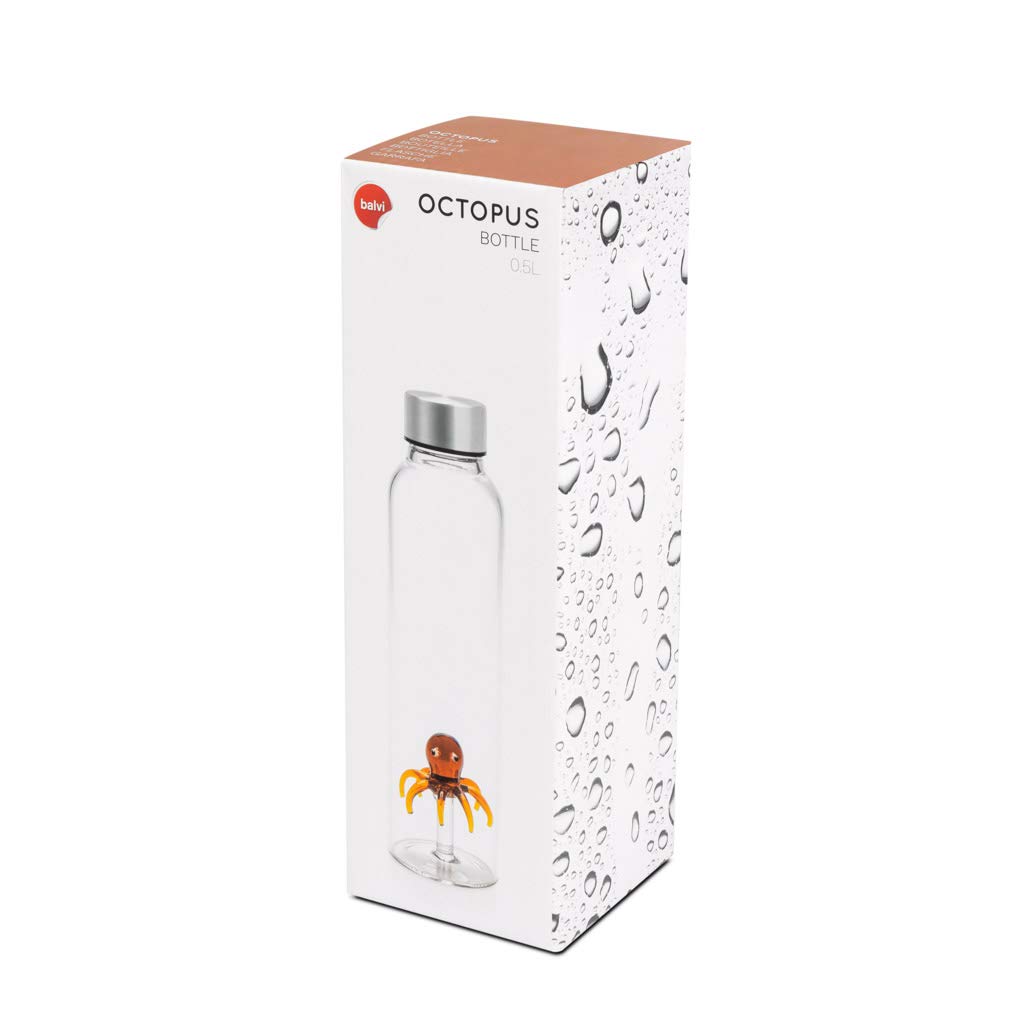 Balvi Bottiglia Octopus per Acqua 0,5 L Tappo antigoccia in Acciaio Inox Ideale Comodino e Ufficio Bo
