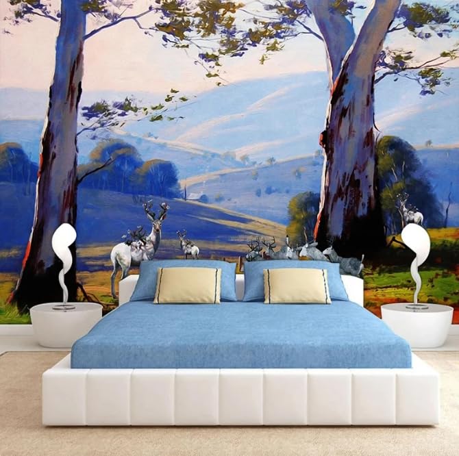 Toile de fond forêt européenne 3D au rendu premium - Décoration murale cerf 250x175cm