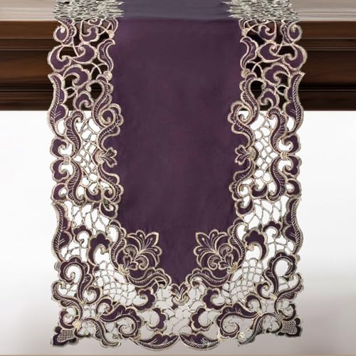 DECOZEN Gold Lace Plum Christmas Table Runner – Embroidered Dining & Dresser Decor Scarf for Holiday Tables, Weddings & Parties – 14 x 108 in Elegant European Falling, The Granada Collection