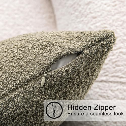 SINYASAN 20"x20" Moss Green Boucle Throw Pillow Covers with Faux Leather Accents Set of 2 Fluffy Textured Decorative Pillow Cases for Couch Bed Boho Farmhouse Square Cushion Covers for Nordic Home by SINYASAN - Image 4