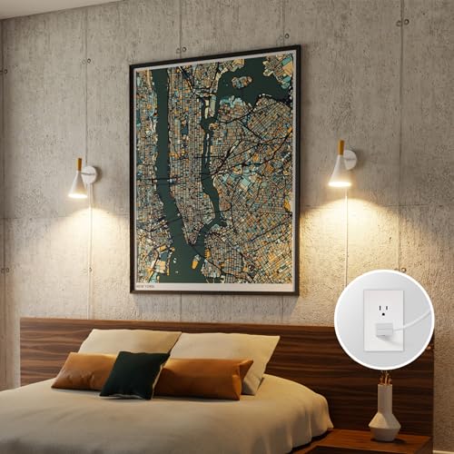 Image of Globe Electric 65000147 1-Light Plug-in or Hardwire Wall Sconce, Matte White, Light Wood-Toned On /Off Rotary Switch on Pivoting Shade, 6ft White Braided Fabric Cord, Wall Lights for Living Room