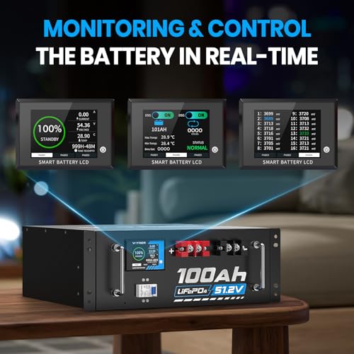 Image of 51.2V 100AH Lithium LiFePO4 Battery (6 Pack), Built-in 100A BMS, with Touchable Display & APP, Max. 5.12KW Power Output, Included 58.4V 20A Battery Charger, Perfect for Solar System & Off-Grid