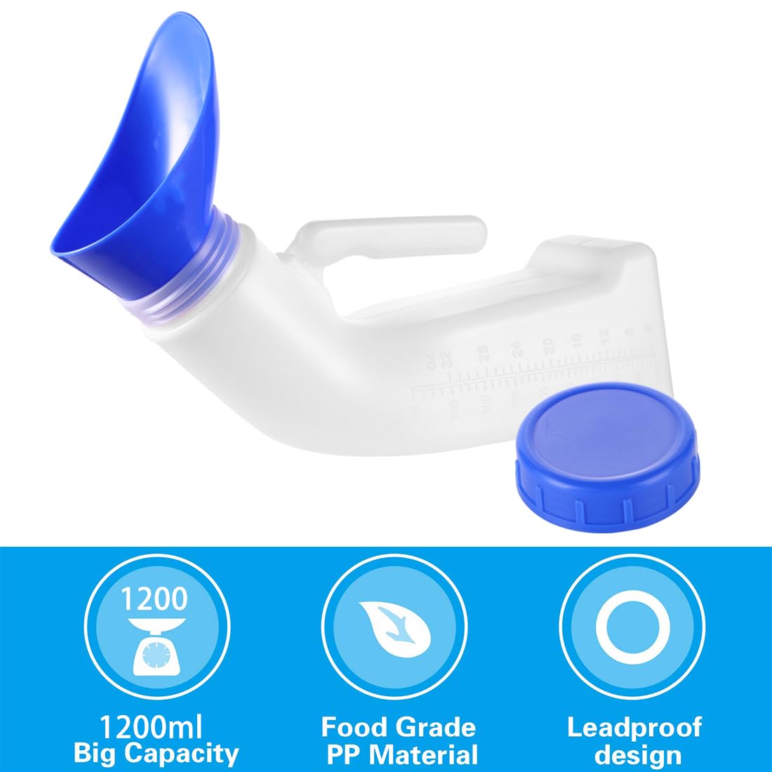 Urinoir pour homme et femme Unisexe Anti-déversement Portable Urinoir pour femme Couvercle à vis et entonnoir pour voiture, voyage, personnes âgées et incontinence 1 lot de 1 200 ml
