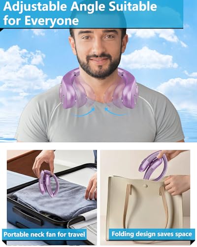 Image of Neck Fans Portable Rechargeable Personal Misting Fan,Fold Up Compact Necklace Fan with Mist,Soundless Powerful Mobile Body Air Cooler with Digital LED Display, Presents for Adults Kids Elderly Purple