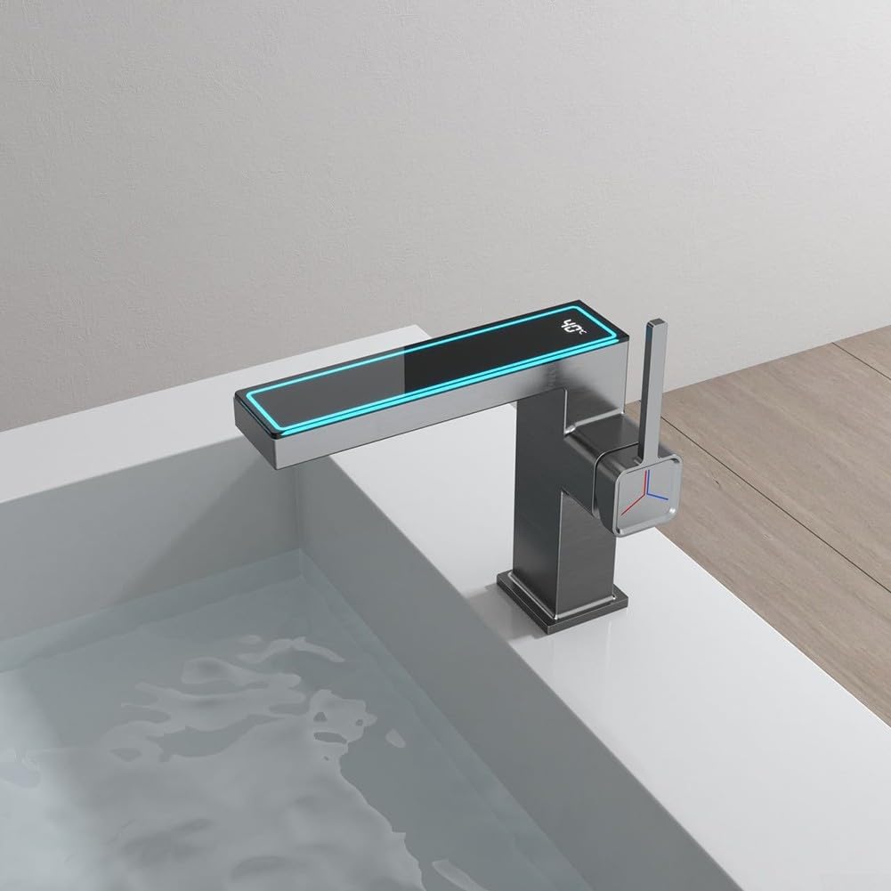 Premium Waterfall Numeric Display Faucet for High-End Washing Basins(Gray)