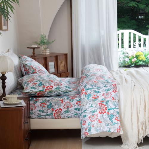 Image of FADFAY Twin XL Sheets Set 4 Piece White Teal Floral College Bedding 100% Egyptian Cotton Dorm Room Bedding, Soft Breathable Dorm Sheets Extra Long with Deep Pocket Luxury Hotel Quality for All Season