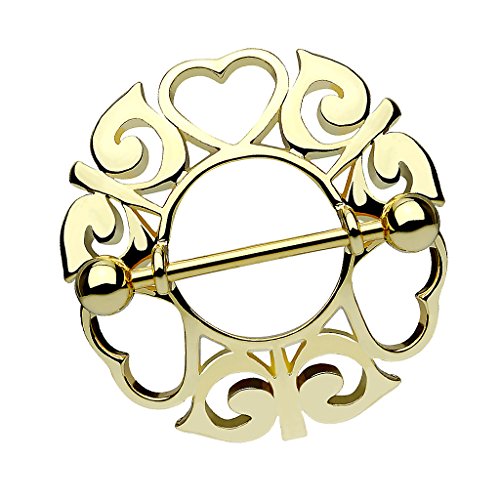 Piersando Brustwarzen Piercing Intimpiercing Nippelpiercing Brust Nippel Intim Brustwarzenpiercing Barbell mit Tribal Herz Schild Gold