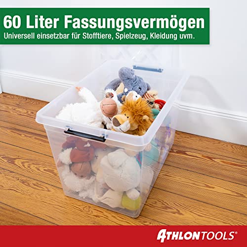 ATHLON TOOLS 4x 60 L Aufbewahrungsboxen mit Deckel, lebensmittelecht - Verschlussclips - 100% Neumaterial Plastik-Box transparent - Kleiderboxen stapelbar…