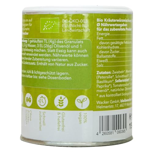 Bio Salatdressing Frühlingskräuter, 150g von bleibwacker. Fixprodukt für Salate & Bowls. Ergibt 37 Portionen. 100% natürlich, ohne Zuckerzusatz & Geschmacksverstärker. Vegan & glutenfrei.