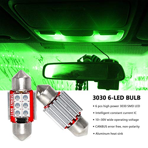 Phinlion Super Bright De3022 Led Green Bulb 3030 6-Smd Festoon 1.25" 31Mm De3021 De3175 Led Bulbs For Car Interior Map Dome Trunk Courtesy Light, Pack Of 4 #TOP2