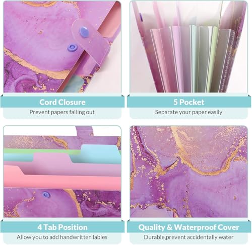 Image of Corslet Expanding File Folder, Aesthetic Folders for School, Accordion File Organizer, Aesthetic Folder with Labels,5 Pockets Important Document Folders for School Office Home Marble Blue