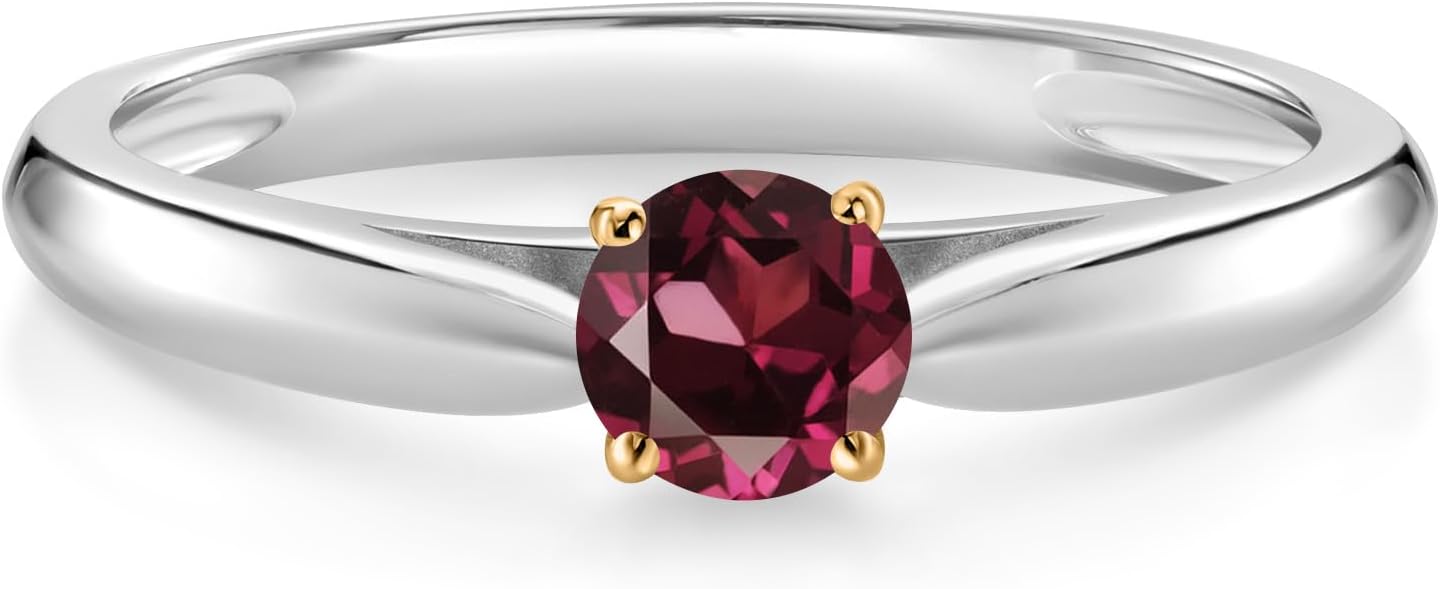 Gem Stone King 10K White and Yellow Gold Red Rhodolite Garnet Solitaire Engagement Ring For Women (0.37 Cttw, Gemstone January Birthstone, Round 4MM)