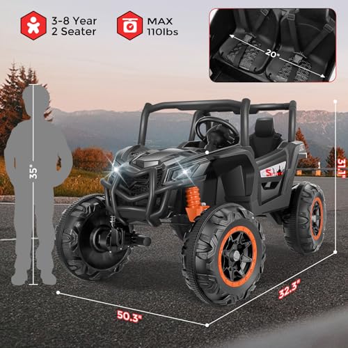 Hikole 2 Seater Ride on Car Truck for Kids, 24V Ride On Toys for Big Kids w/Remote Control, 20 Inch Wide Seat, LED Lights, Bluetooth, 3 Speeds, 4X4 Power Vehicles Wheels for Kids 4-8-Black