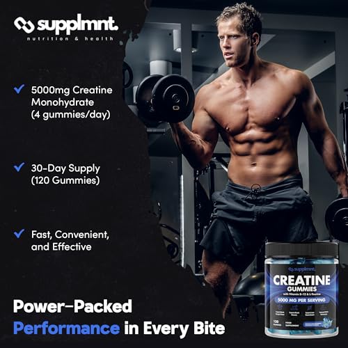 Creatine Gummies 5000mg 120ct Max Strength Muscle Growth Recovery Supplements for Men & Women Creatine Monohydrate, B12 & L-Taurine Vegan Pre Workout Chewable Gummies, 1 Month Supply (Blue Raspberry) - Image 6