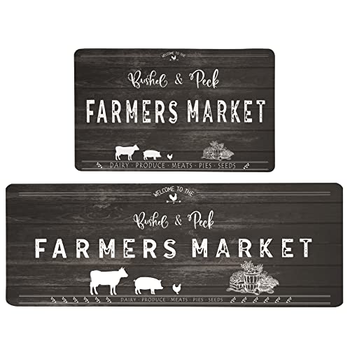 Farmhouse Kitchen Mat 2 Pieces Cushioned Anti-Fatigue Non-Slip Kitchen Mats for Floor Waterproof Comfort Standing Cow Kitchen Rugs and Mats Sets for Sink, Office, Laundry, 17.3x28+17.3x47 Black